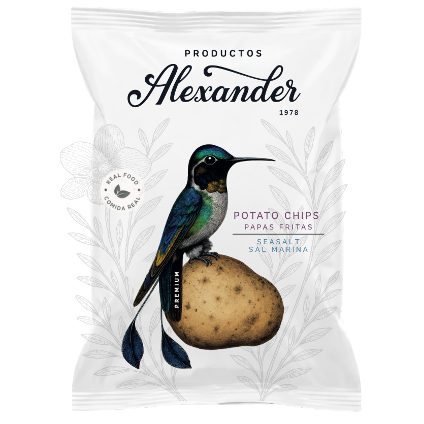 Productos Alexander potato chips packaging with a bird illustration on a white background