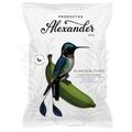 White packaging of 'Productos Alexander' plantain chips with a bird illustration on a white background