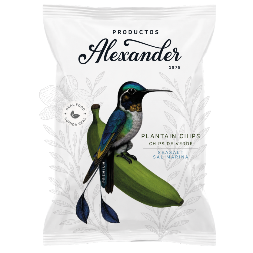 White packaging of 'Productos Alexander' plantain chips with a bird illustration on a white background