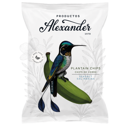 White packaging of 'Productos Alexander' plantain chips with a bird illustration on a white background