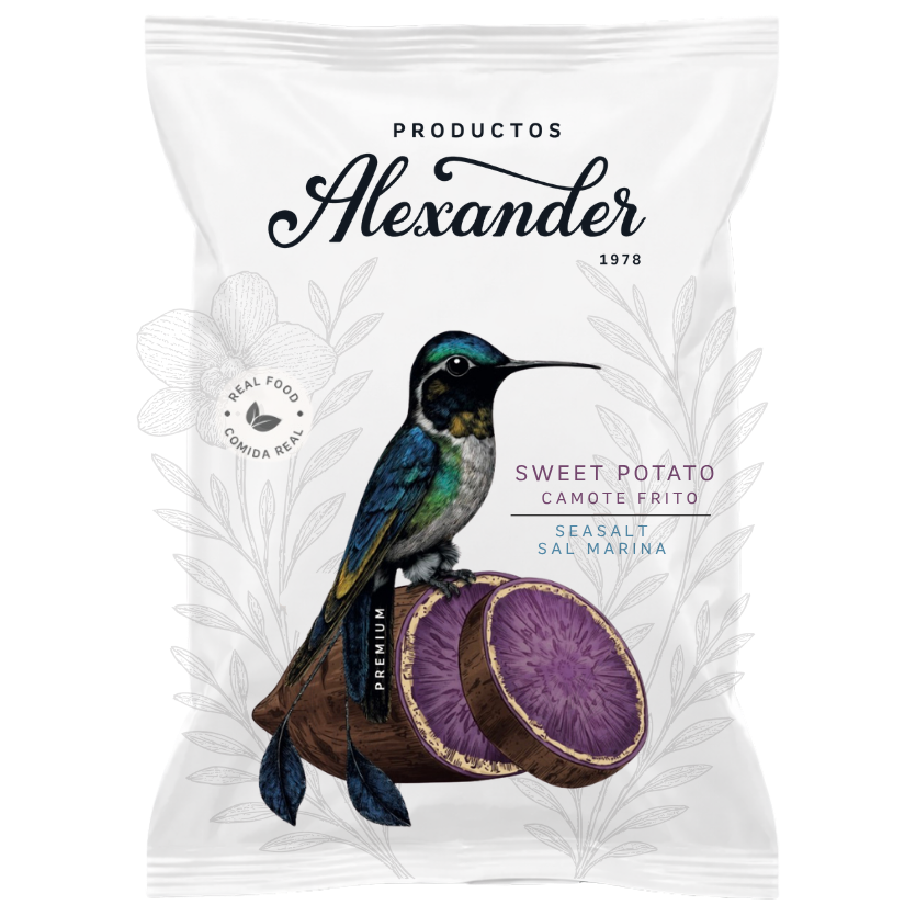 Productos Alexander sweet potato packaging on a white background