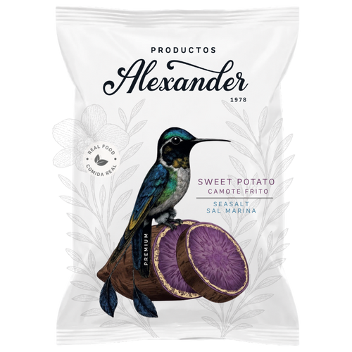 Productos Alexander sweet potato packaging on a white background