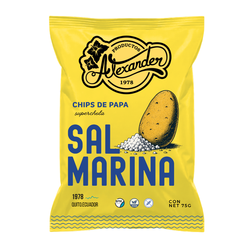 Productos Alexander Sal Marina chips. 75 grams. Best snacks of Ecuador