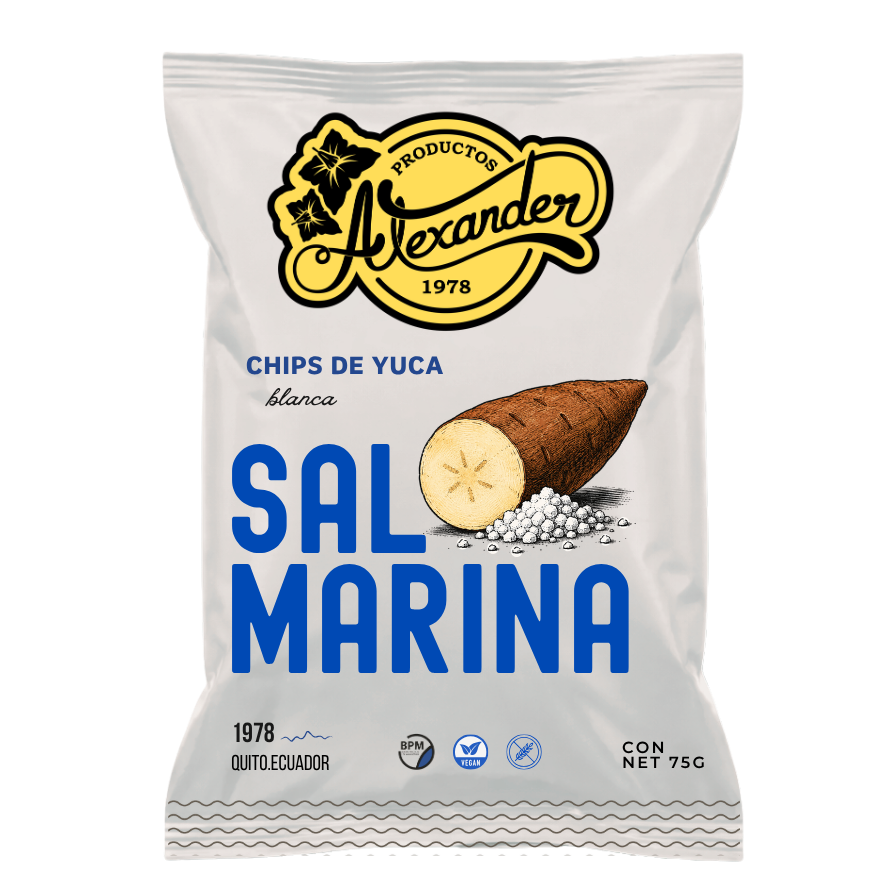 Packaging of Alexander Sal Marina chips de yuca on a white background